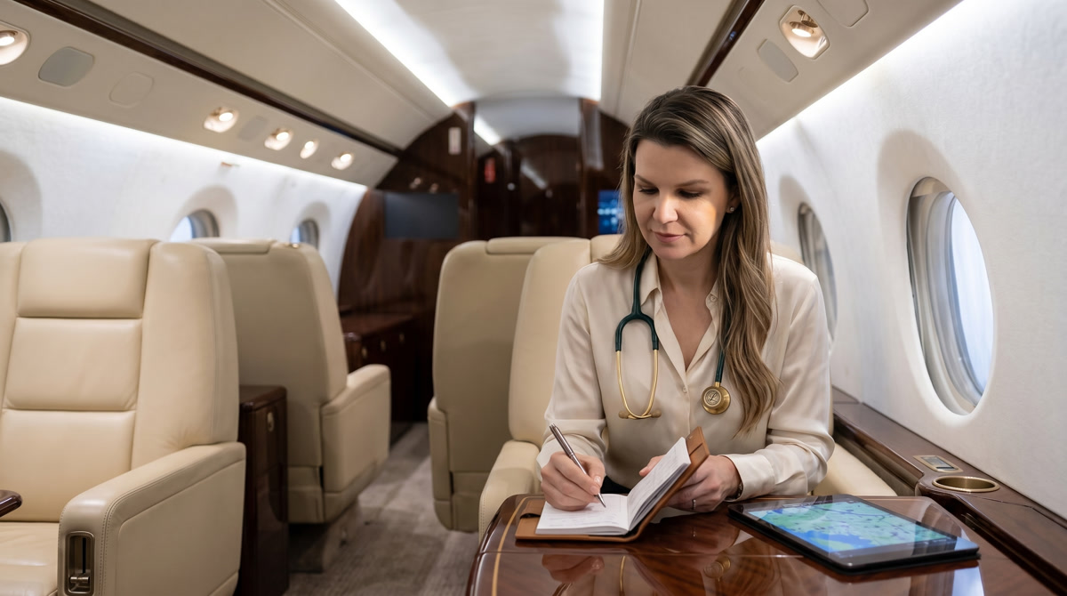 Luxury medical consultation room featuring leather chairs and a dark wood desk