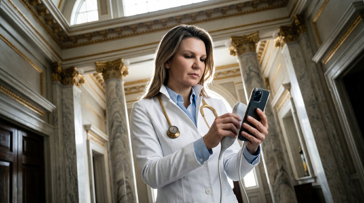 Personalized health planning portfolio on a marble desk in a luxury medical office